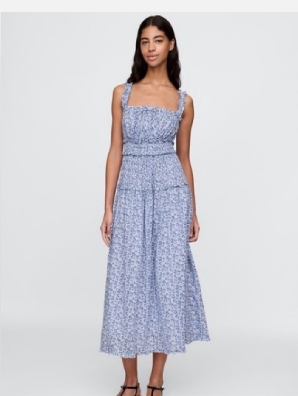 Gap X Doen Smocked Square-Neck Midi Dress in Light Blue Floral